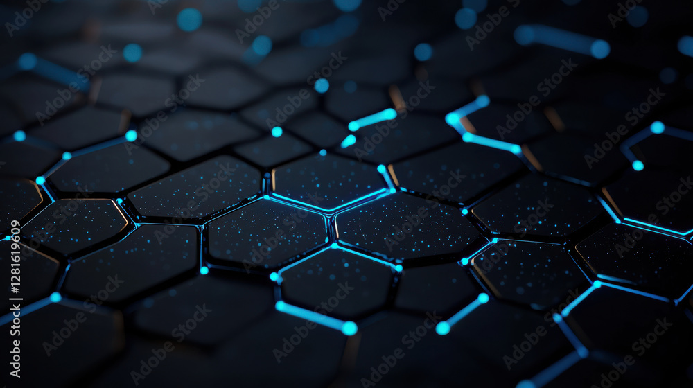 Futuristic hexagonal pattern with glowing blue lines and dots Futuristic hexagonal pattern with glowing blue lines and dots