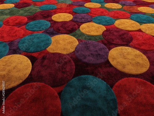Vibrant carpet design with colorful circles enhances playful interior space