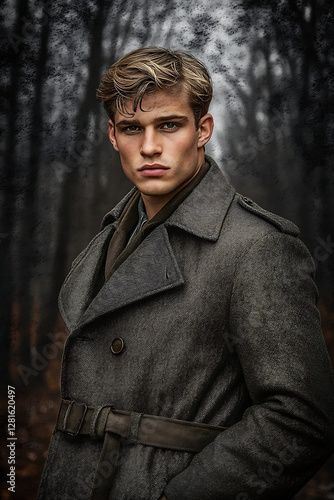 Intense male character for a book wearing a stylish coat in a gritty forest setting