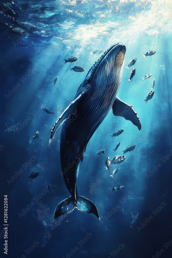 Fototapeta premium Illustration of a majestic whale swimming through the deep ocean, surrounded by schools of smaller fish. The serene blue of the water and the graceful movement of the whale evoke a feeling of wonder