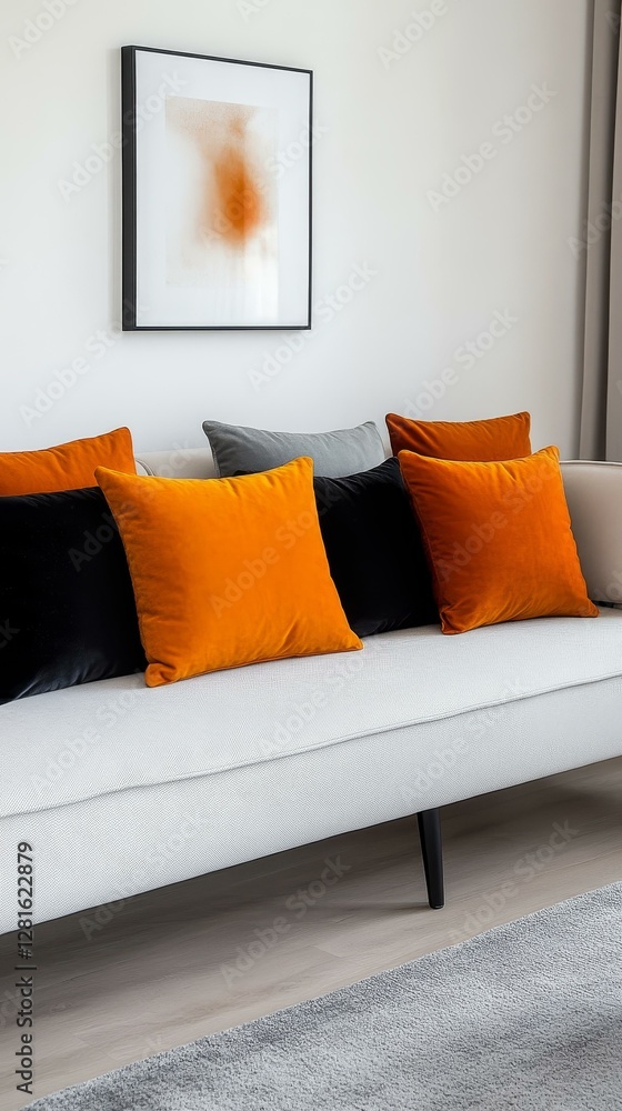 Fototapeta premium Modern Living Room Interior Design with Orange Cushions