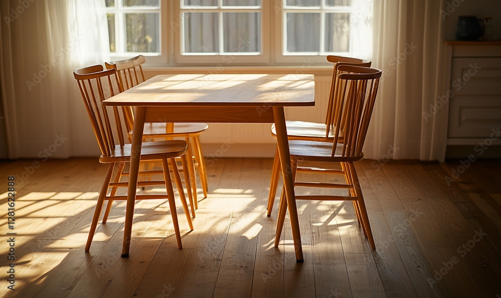 Fototapeta premium Wooden table and four chairs in sunlit room, dining or staging