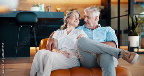 Tableau sur toile Hug, love and senior couple in home, partnership support and looking to connect in marriage