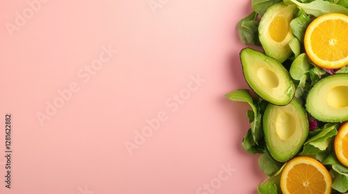 Fresh avocados and oranges arranged on pink background create vi