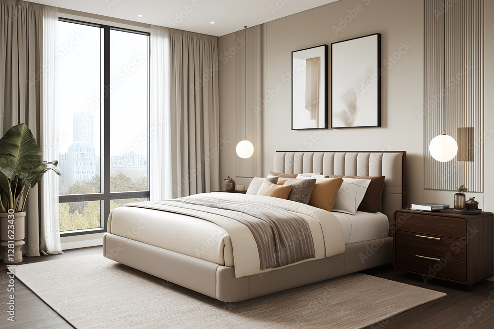 Fototapeta premium Serene Modern Bedroom with City View