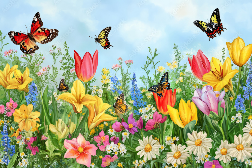 Illustration of a peaceful garden filled with colorful flowers such as tulips, daisies, and lilies. Butterflies flutter around, and bees buzz from bloom to bloom, creating a serene and vibrant scene.