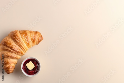 Golden croissant placed beside bowl of rich berry jam, inviting