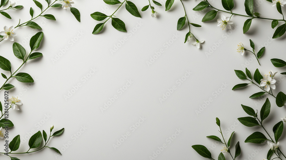 Fresh jasmine flowers and green leaves on clean background Fresh jasmine flowers and green leaves on clean background