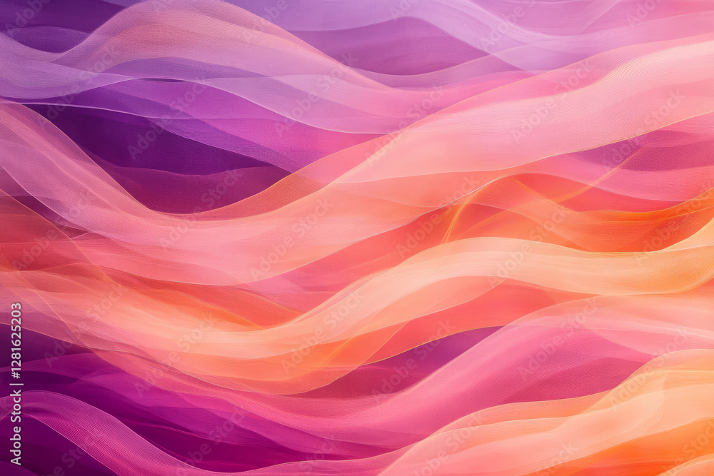 Fototapeta premium Illustration of fluid, wavy lines in a gradient of sunset colors pink, orange, and purple. The abstract design creates a sense of fluidity and calm, evoking the feeling of a warm evening breeze.