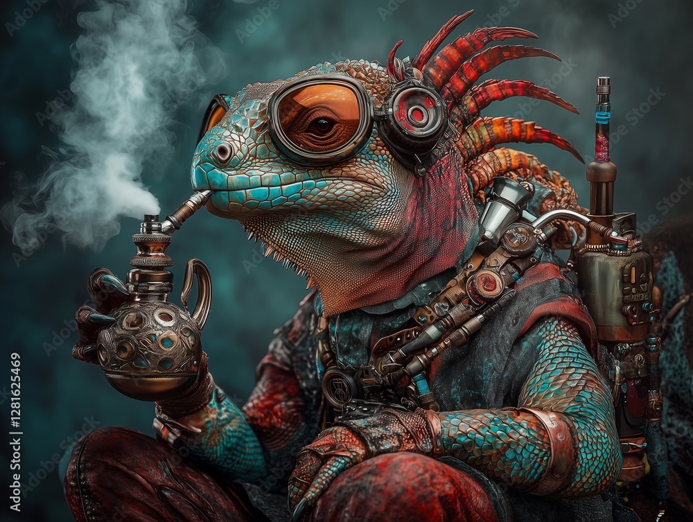 Obraz premium Stylish iguana smokes from a round flask, in the theme and style of cyberpunk and steampunk, on a dark vintage background. A blend of nature and technology, concept.