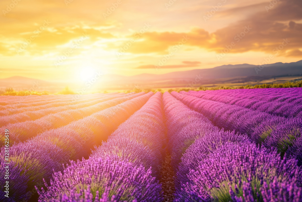 Fototapeta premium Illustration of a vibrant lavender field stretching endlessly under a golden sunset sky. The rows of purple flowers contrast beautifully with the warm tones of the setting sun, while a gentle breeze