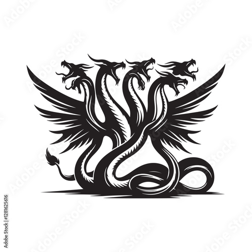 Hydra Silhouette Vector: Fierce Multi-Headed Dragon Design