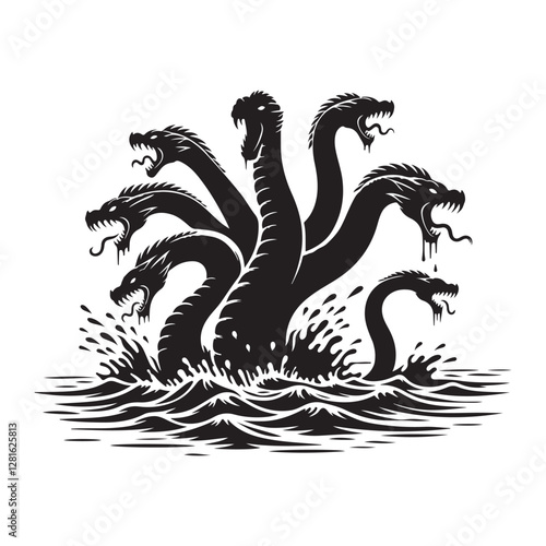 Hydra Silhouette Vector: Fierce Multi-Headed Dragon Design