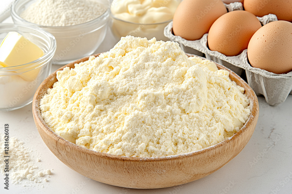 Rustic kitchen setup with baking ingredients Rustic kitchen setup with baking ingredients