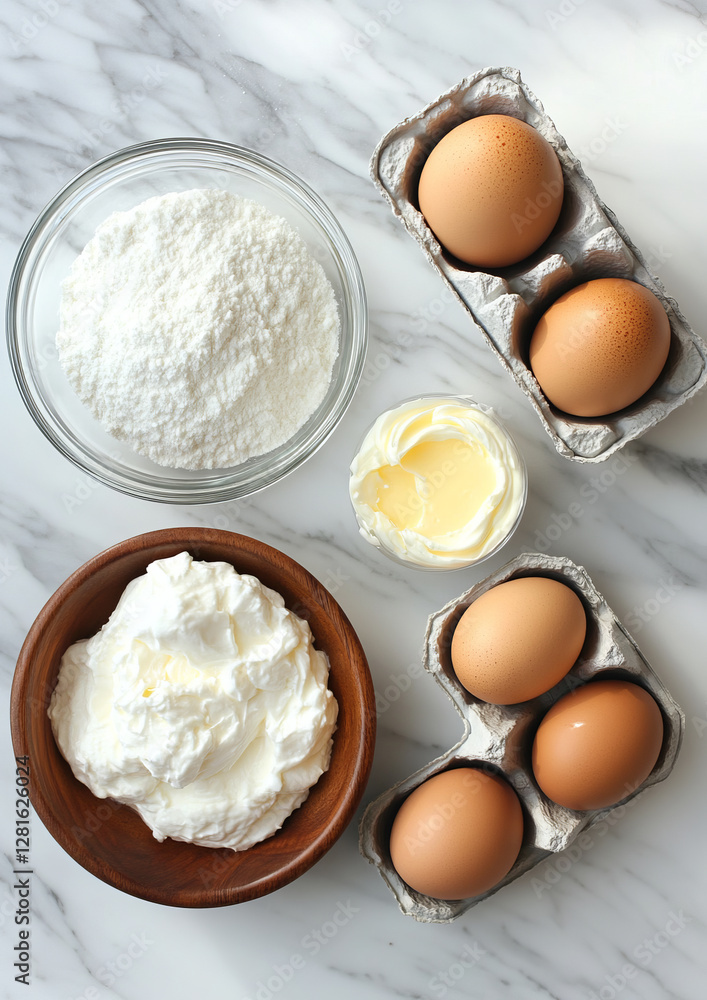 Minimalist baking scene with eggs and flour Minimalist baking scene with eggs and flour