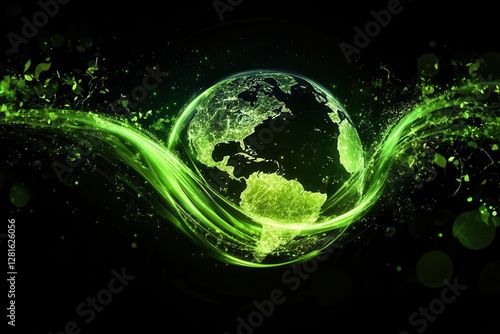 digital illustration of earth with glowing green energy streams sustainable technology symbols clean environment elements futuristic ecodesign
