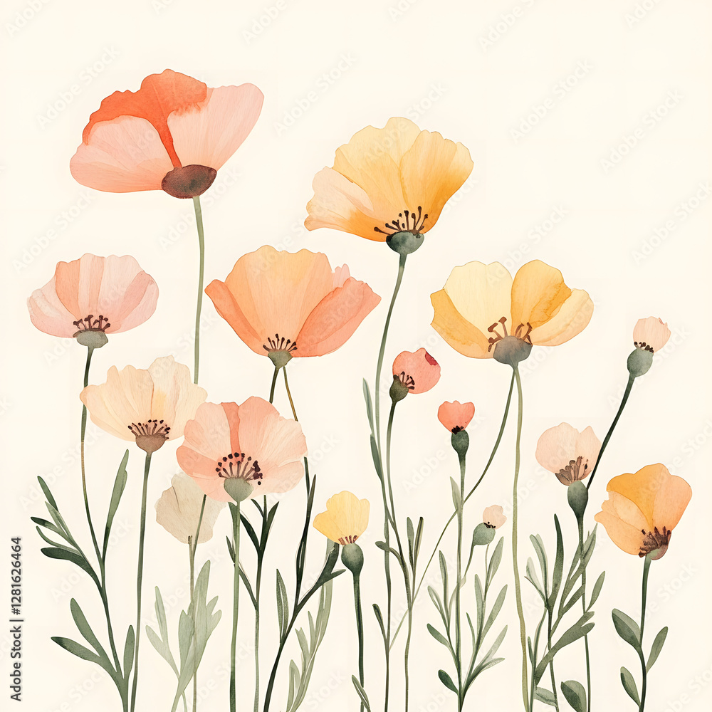 Fototapeta premium California Poppy up horizontal border, with minimal details and a simple illustration. Watercolor botanical banner for the design of invitations, cards, congratulations, announcements, sales, station