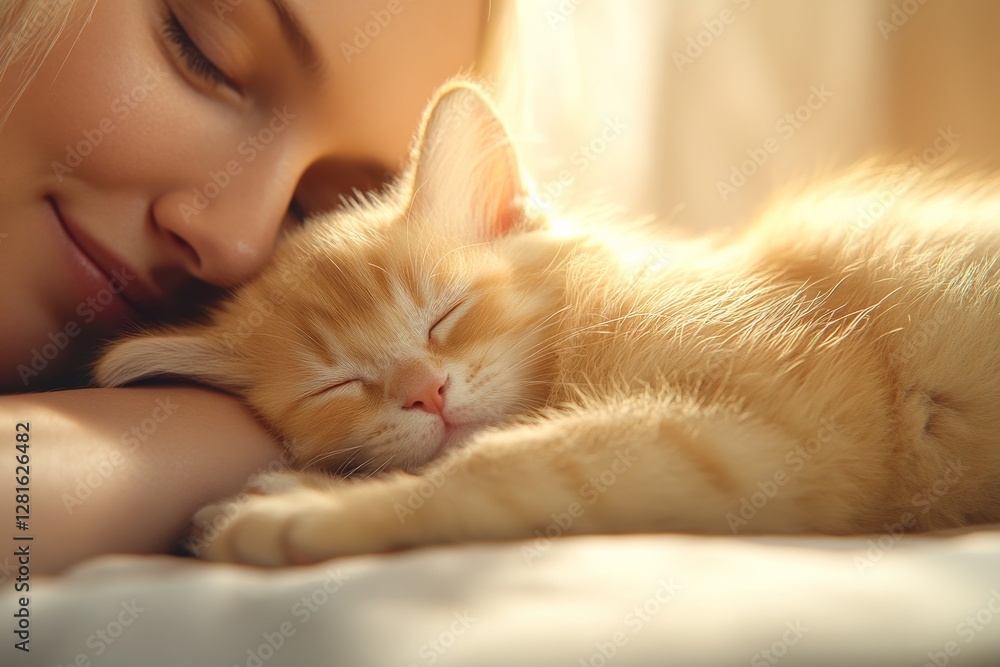 A person gently cradling a small kitten. Generative AI A person gently cradling a small kitten. Generative AI