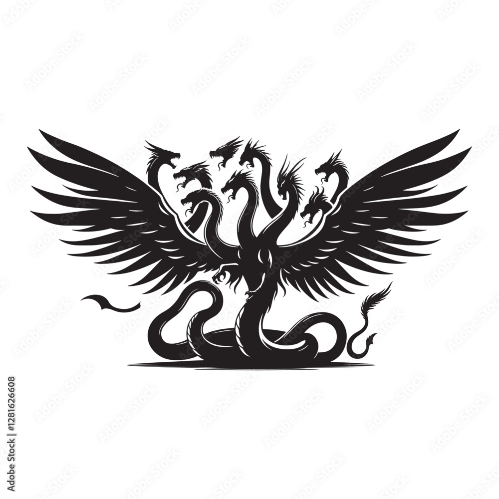Obraz premium Hydra Silhouette Vector: Fierce Multi-Headed Dragon Design
