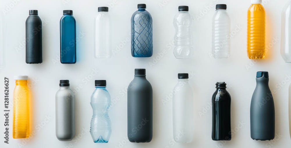 Obraz premium Colorful plastic bottles arranged on a white background; showcasing variety and different shapes