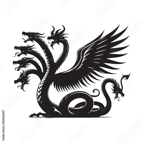 Hydra Silhouette Vector: Fierce Multi-Headed Dragon Design