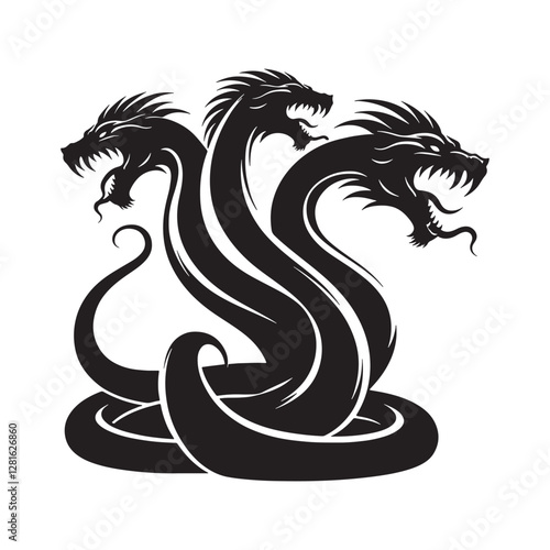 Hydra Silhouette Vector: Fierce Multi-Headed Dragon Design