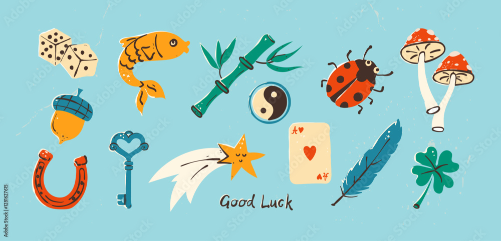 Set of traditional and Asian symbols of good luck. Vector illustrations of elements that bring wealth and prosperity. Collection of flat elements on isolated background. Set of traditional and Asian symbols of good luck. Vector illustrations of elements that bring wealth and prosperity. Collection of flat elements on isolated background.