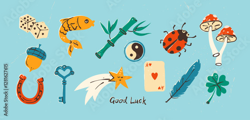 Set of traditional and Asian symbols of good luck. Vector illustrations of elements that bring wealth and prosperity. Collection of flat elements on isolated background.