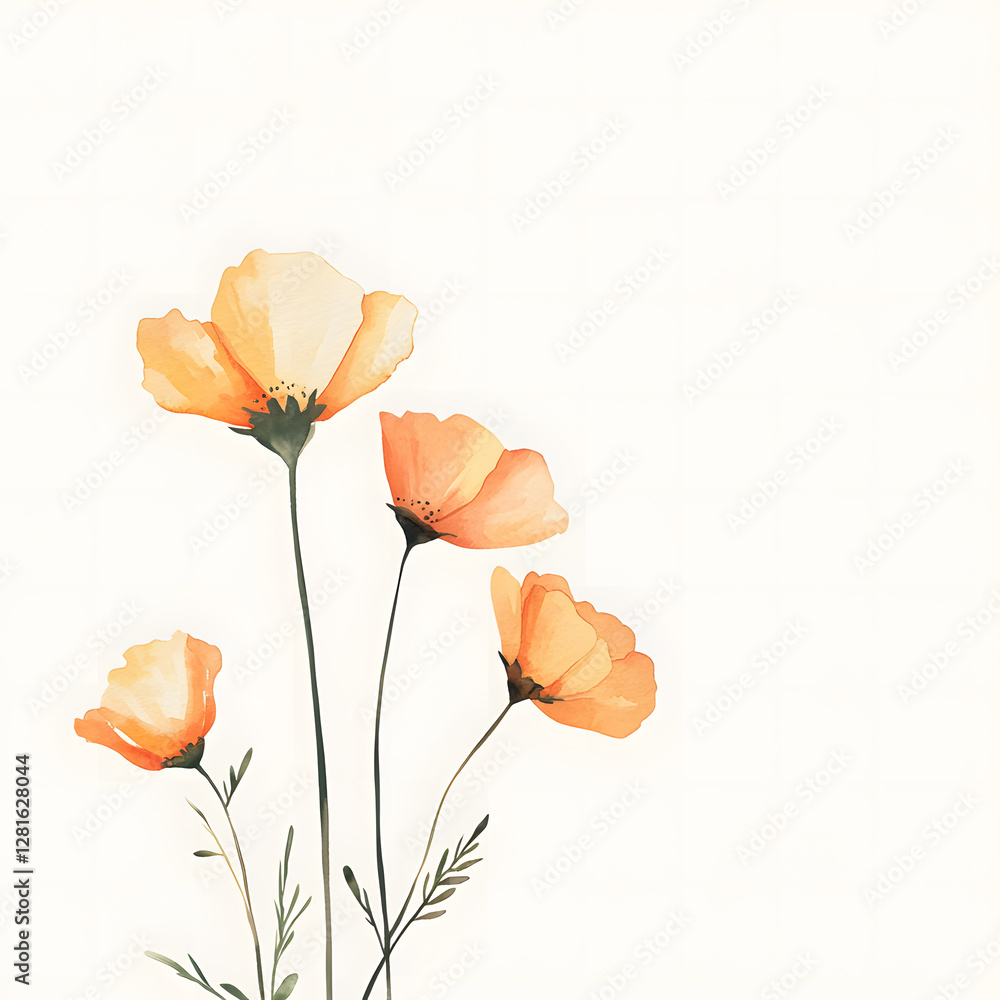 Naklejka premium Poppy vertical border, with minimal details and a simple illustration. Watercolor botanical banner for the design of invitations, cards, congratulations, announcements, sales, stationery
