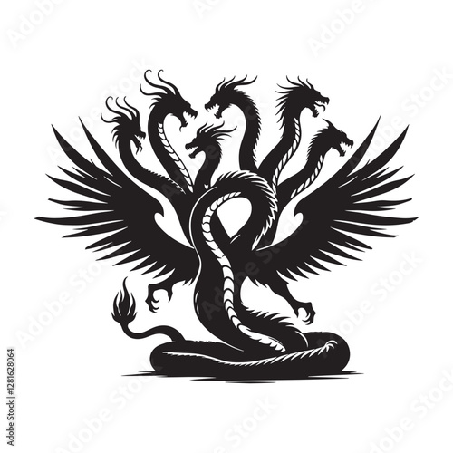Hydra Silhouette Vector: Fierce Multi-Headed Dragon Design