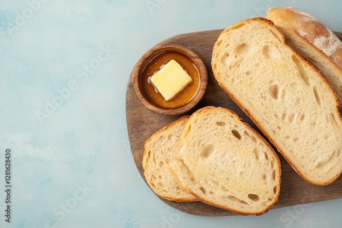 Freshly sliced bread on wooden board with butter and honey in bo