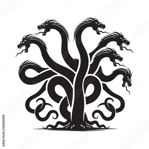 Hydra Silhouette Vector: Fierce Multi-Headed Dragon Design
