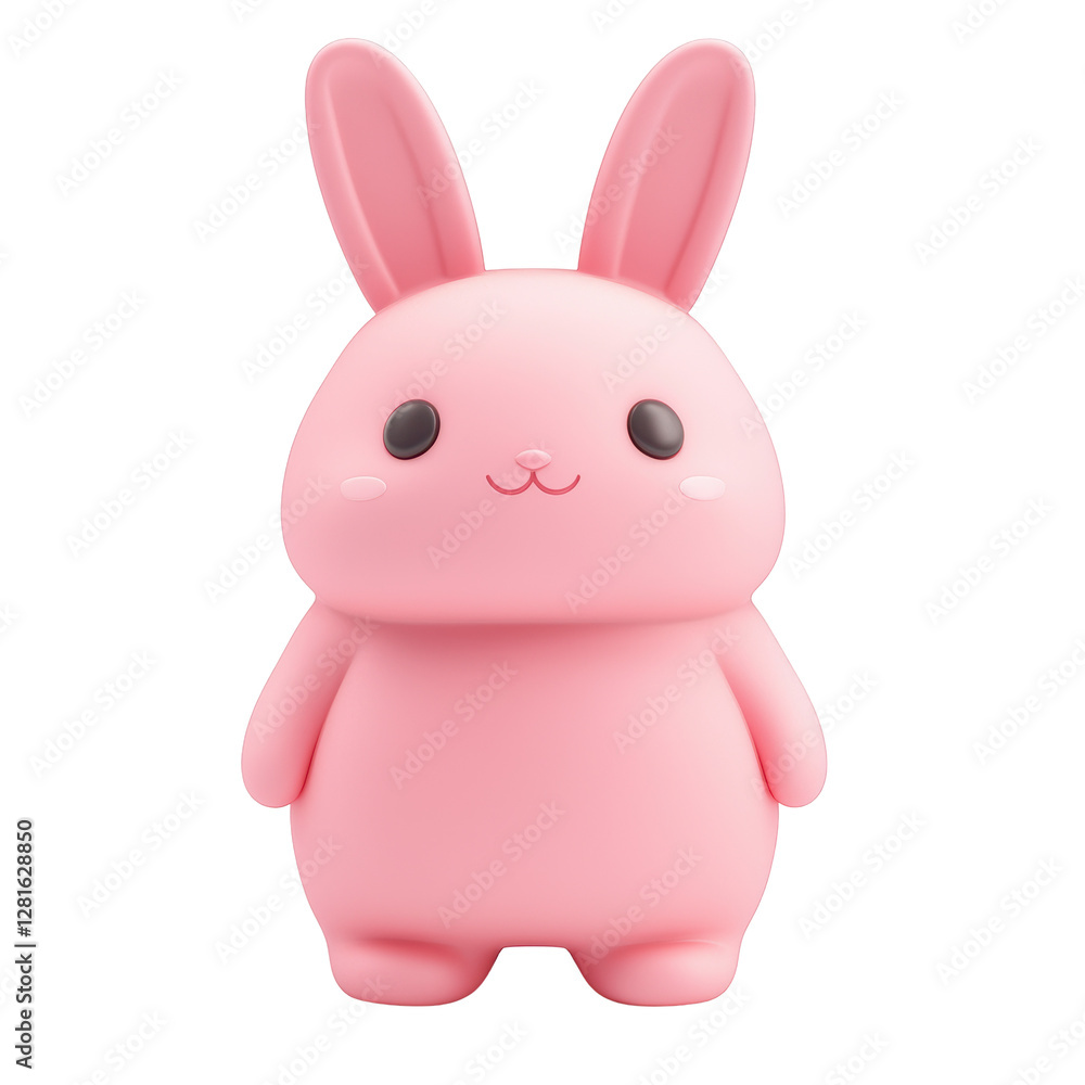 Obraz premium Pink bunny with long ears in 3D cartoon style featuring black eyes, round cheeks, and a chubby body. Its smooth, soft design gives it a cute and friendly look. Isolated on transparent background, png.