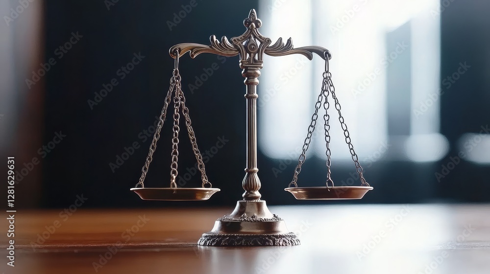 Wooden Scales of Justice on Table - Symbol of justice, balance, law, fairness, and equity. A decorative scale sits on a wooden table against a blurred background Wooden Scales of Justice on Table - Symbol of justice, balance, law, fairness, and equity. A decorative scale sits on a wooden table against a blurred background
