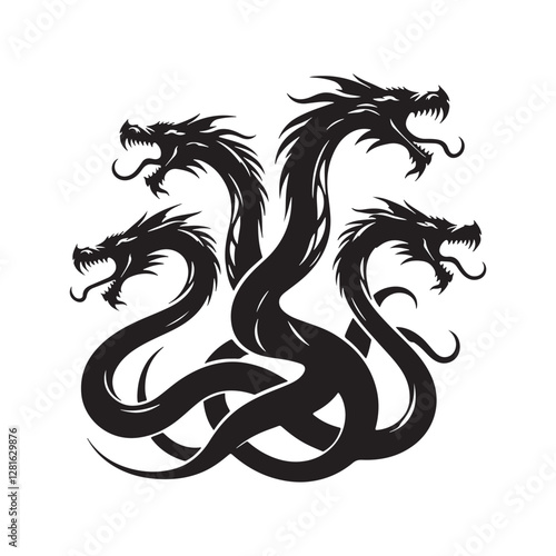 Hydra Silhouette Vector: Fierce Multi-Headed Dragon Design