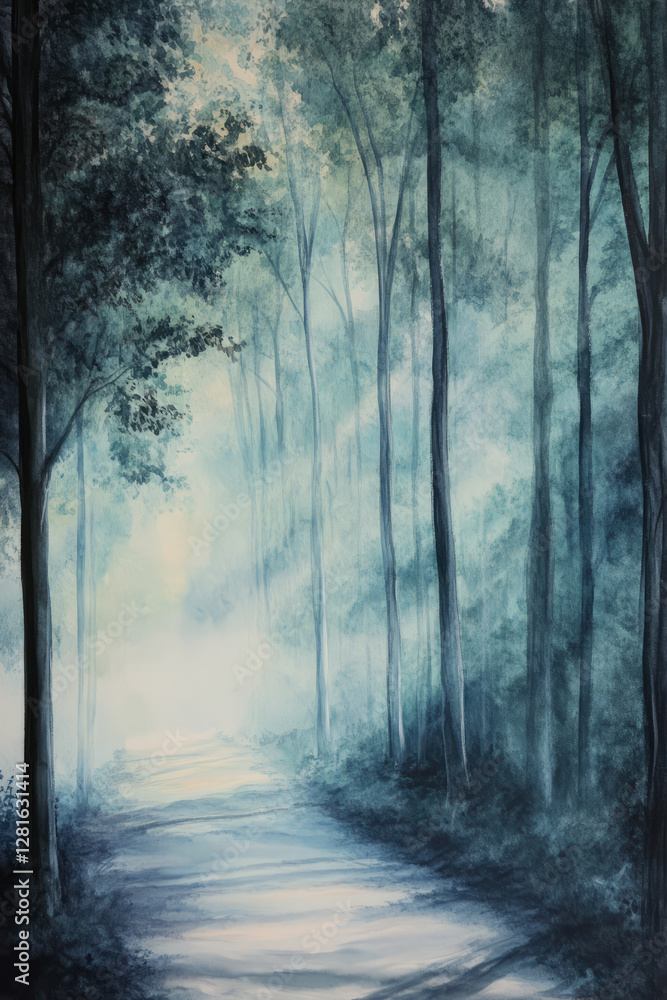 Fototapeta premium Illustration of a misty forest path, where tall trees line the way and dappled sunlight filters through the fog, casting delicate shadows on the ground. The tranquil scene invites a sense of mystery