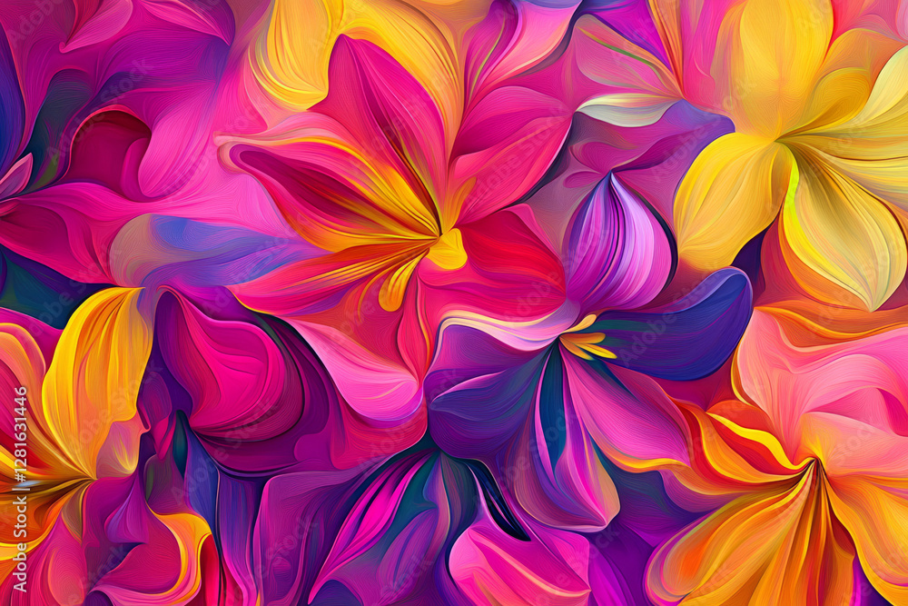 Illustration of a vibrant floral pattern with rich hues of pink, purple, and yellow arranged in a dynamic design. The bold, bright flowers create a lively, energetic atmosphere perfect for spring and Illustration of a vibrant floral pattern with rich hues of pink, purple, and yellow arranged in a dynamic design. The bold, bright flowers create a lively, energetic atmosphere perfect for spring and