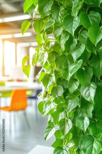 Lush green leaves cascade down, enhancing vibrant office space w