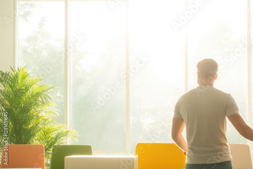 Silhouette of person gazing out bright window, immersed in seren