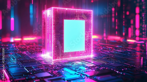 Futuristic digital circuit breaker virtual reality 3d graphics neon environment close-up view technology concept