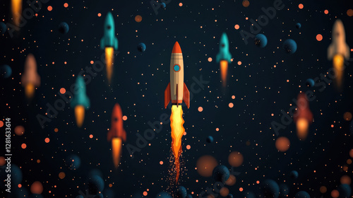 Colorful rockets flying through space with vibrant planets
