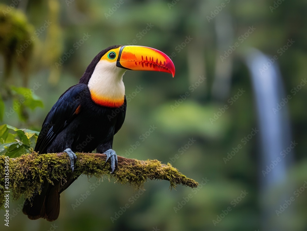 Vibrant toucan perched gracefully on a branch amidst the lush beauty of the Amazon rainforest. Generative AI Vibrant toucan perched gracefully on a branch amidst the lush beauty of the Amazon rainforest. Generative AI