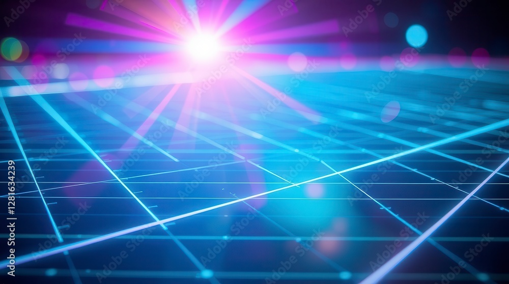 Neon blue and pink lines create a futuristic digital grid with a bright light source. Neon blue and pink lines create a futuristic digital grid with a bright light source.