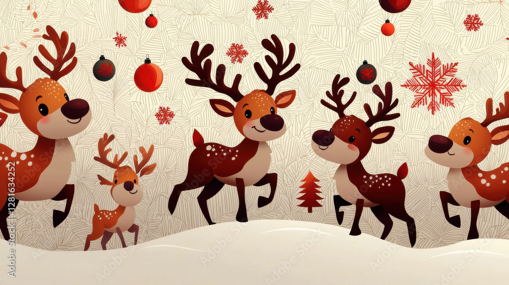 Cute cartoon reindeer in festive winter scene Cute cartoon reindeer in festive winter scene