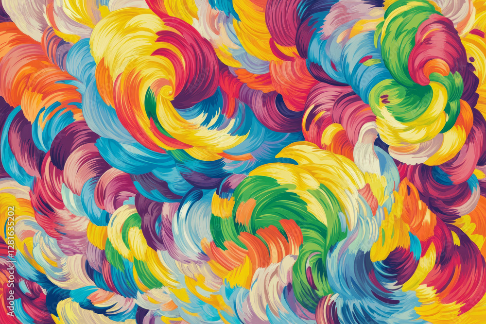 Fototapeta premium Illustration of a swirling, abstract pattern with vibrant rainbow colors blending seamlessly into each other. The smooth transitions between hues create an energetic, flowing visual that feels dynamic