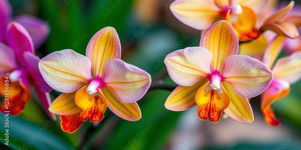 Close up image of a vibrant orchid flower showcasing intricate details in a macro shot, nature, macro, flora Close up image of a vibrant orchid flower showcasing intricate details in a macro shot, nature, macro, flora