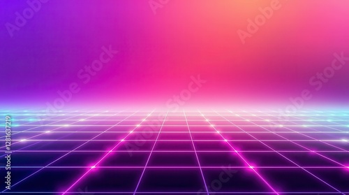 Wallpaper Mural An 80s-inspired neon grid glows with purple and pink against a vibrant, abstract background. Torontodigital.ca