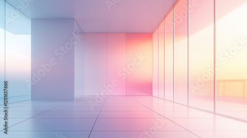 Modern interior with gradient glass walls and soft pastel colors
