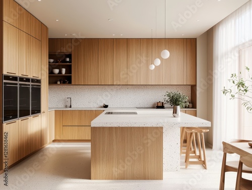 A modern interior kitchen features a wooden style theme