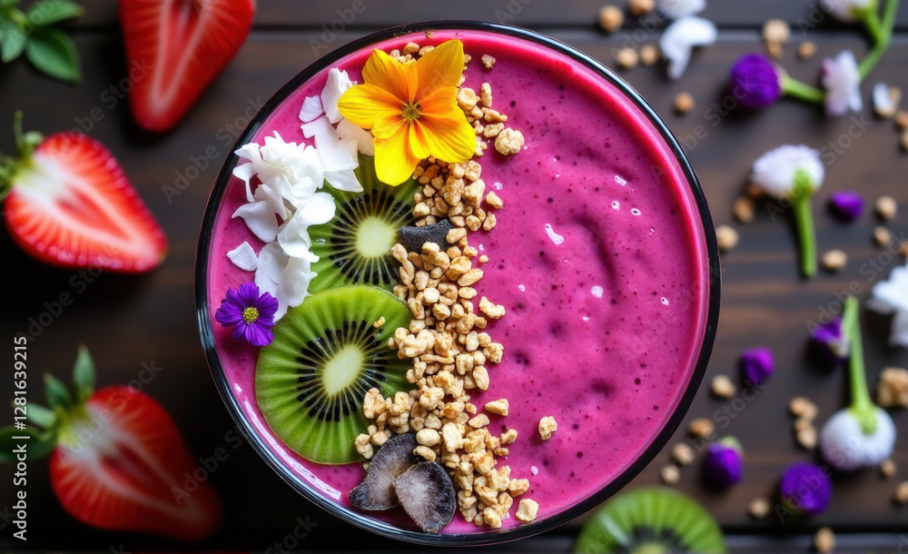 Fototapeta premium dragon fruit & strawberry smoothie bowl top view decorated with edible flowers